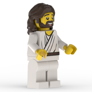 Front left angle of Jesus LEGO minifigure with detailed robe printing
