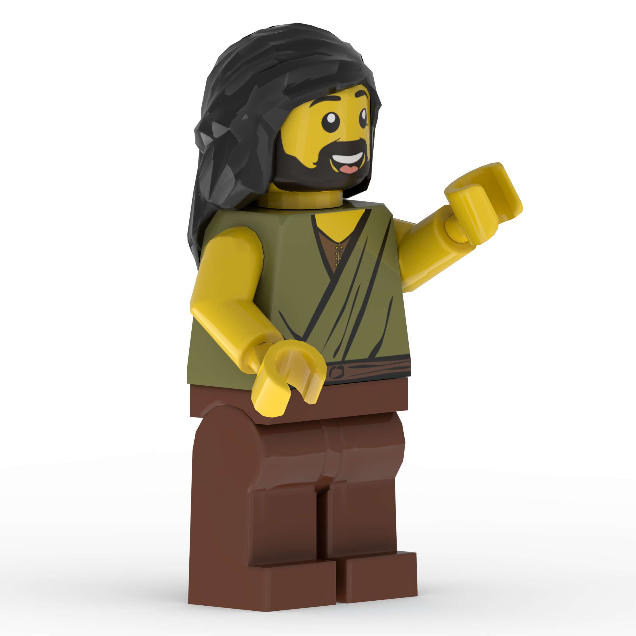 Front left angle of Andrew LEGO minifigure with detailed robe printing