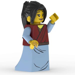 Front left angle of Mary Magdalene LEGO minifigure with detailed garment printing