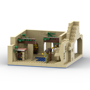 The Word Bricks Bible set depicting Jesus healing the man at the Pool of Bethesda, with official LEGO minifigure blanks custom-printed as Jesus and the healed man — based on John 5:2–9