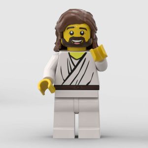 Official LEGO minifigure blank custom-printed as Jesus Christ, wearing robe and beard — The Word Bricks Christian minifigure.