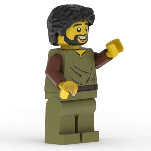 Front left angle of Thaddaeus Jude LEGO minifigure with detailed robe printing