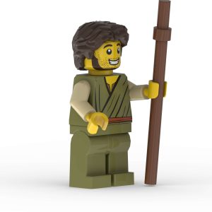 Front left angle of James son of Alphaeus LEGO minifigure with detailed robe printing and walking staff