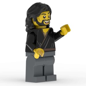 Front left angle of Judas Iscariot LEGO minifigure with detailed robe printing