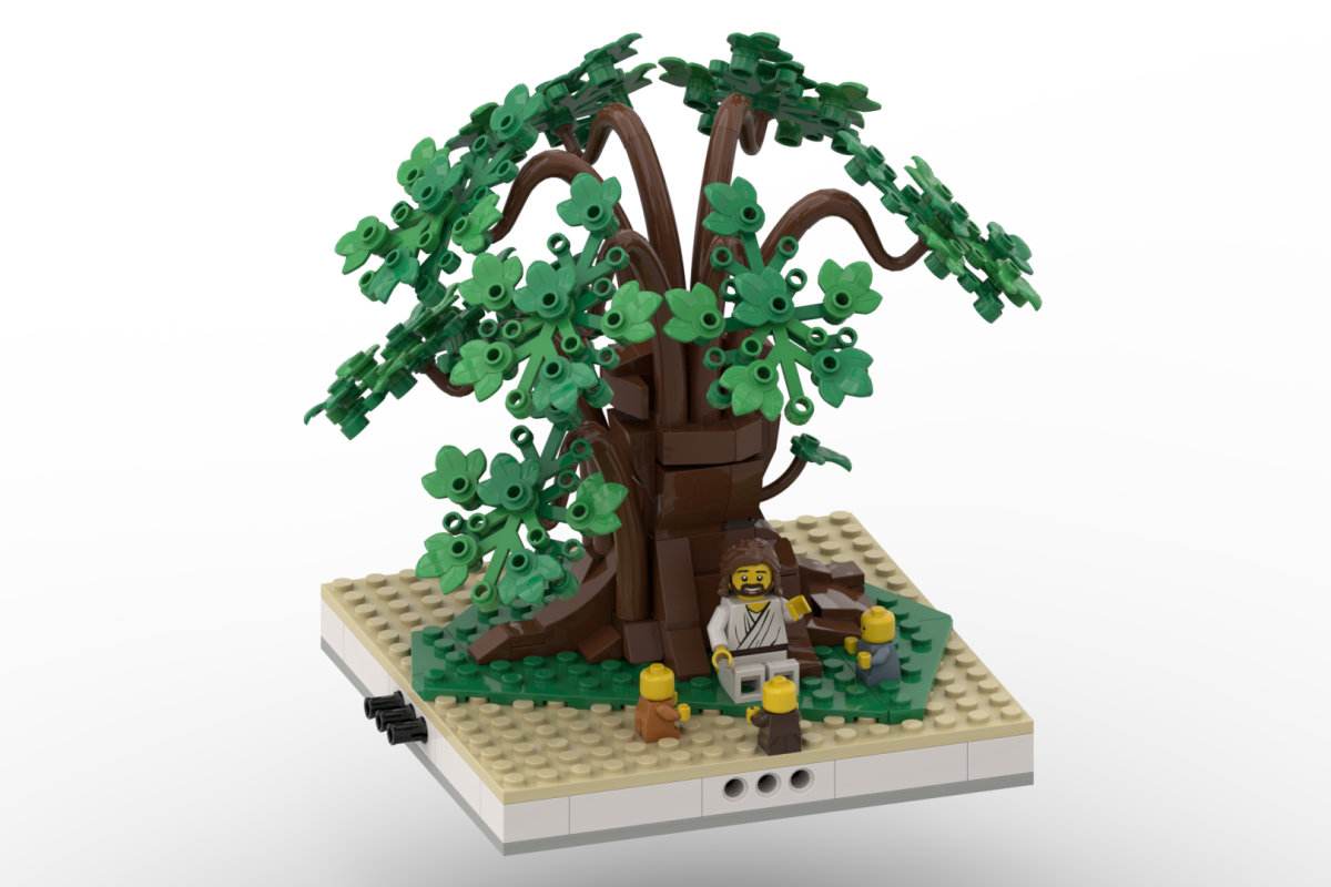 Jesus sitting under a tree welcoming children – front view of the Jesus and the Children building set.