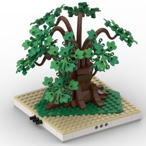Top-down angled view showing Jesus and children interacting beneath a tree in the biblical playset.