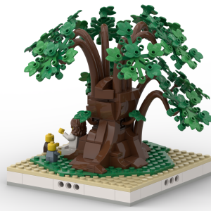 Three-quarter view of Jesus with children gathered around Him under a tree from the Bible building set.