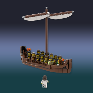 Rear angle of the disciples’ boat with Jesus approaching on the water in the biblical LEGO Bricks playset.