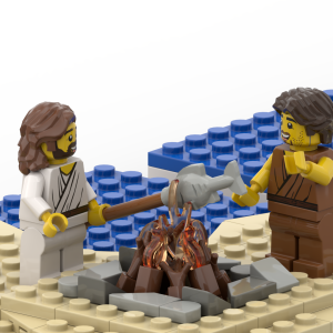 Jesus and Peter on the Capernaum shoreline – front and close up view of the Peter Loves Jesus building set.