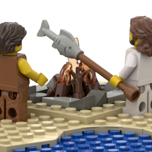 Side and close up angle of Jesus speaking with Peter on the modular shoreline from John 21.